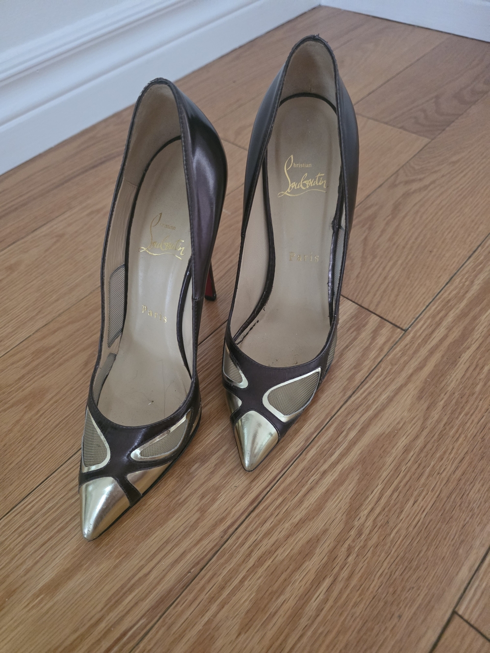 Christian Louboutin Brown and Gold Pointed Toe Pumps Size 37